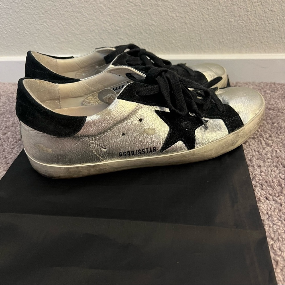 GOLDEN GOOSE Superstar Low Top Sneakers Silver and Black Star Size 39